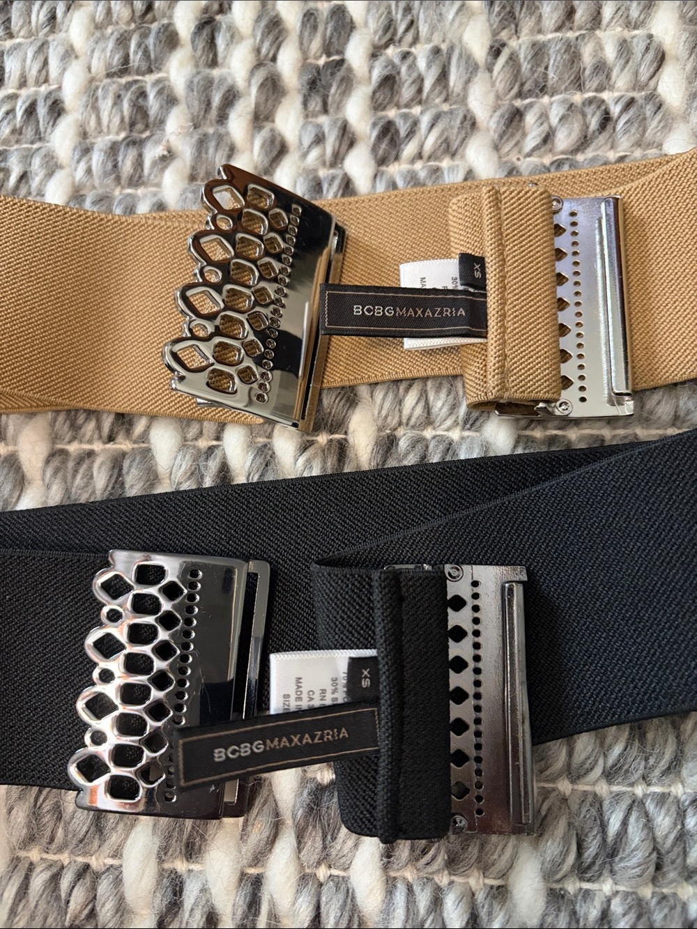 BCBG MAXAZRIA Elastic Waist Cinch Belts - Black and Tan, Size XS